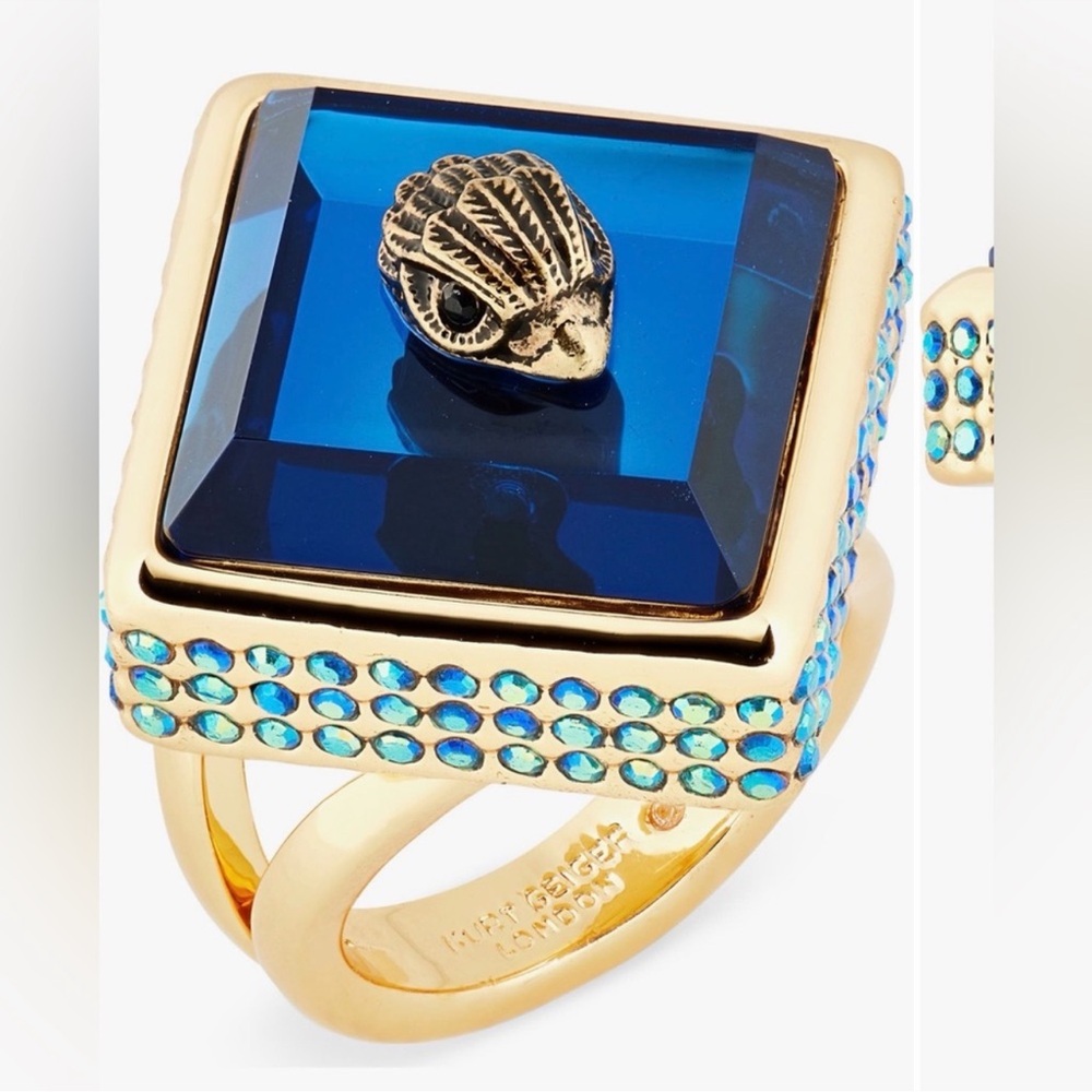 Kurt Geiger Gold and Blue Crystal Ring SIZE 8 NWT